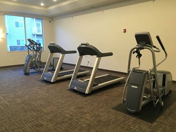 A room with three treadmills and two elliptical machines
